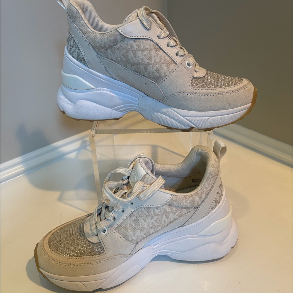 MICHAEL Michael Kors Cream Logo Wedge Sneaker with White Midsole - Picture 2 of 4